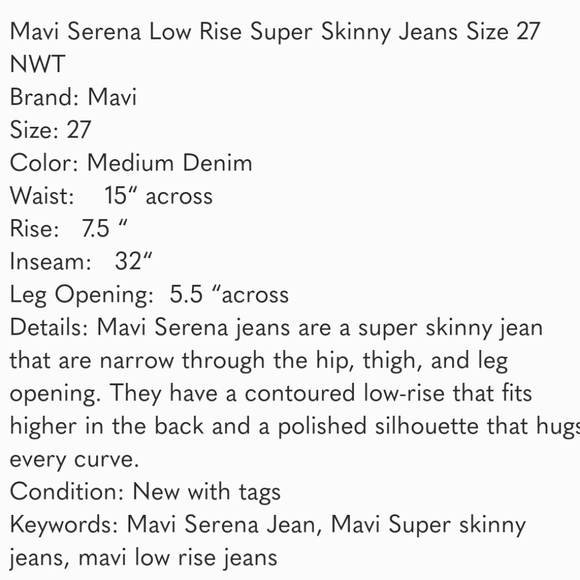 NWT Mavi Serena Low Rise Super Skinny Jeans 27 Stretch - Picture 6 of 7